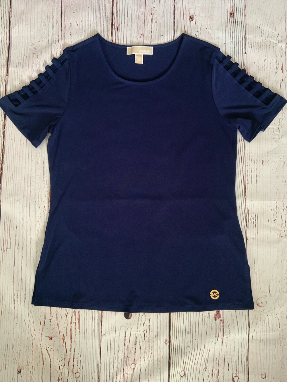 Michael Kors Ladies Navy Short Sleeve  Ladder Top  Sleeve Detail in Size Small